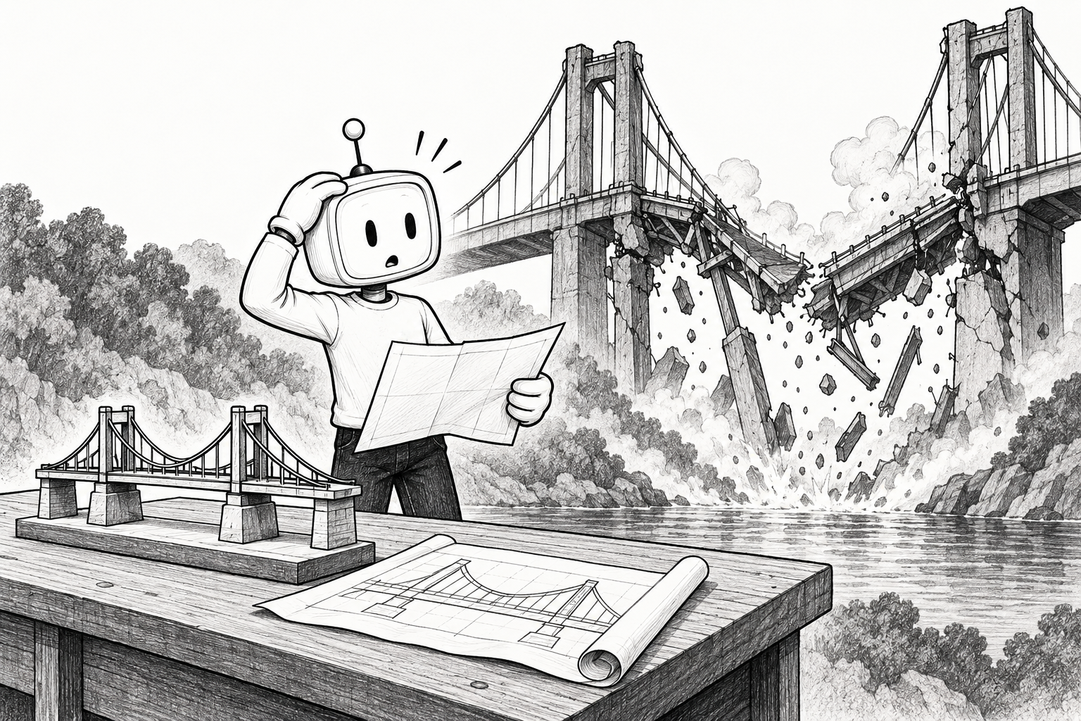 Illustration contrasting a successful AI demo trace with the reliability controls needed for production.