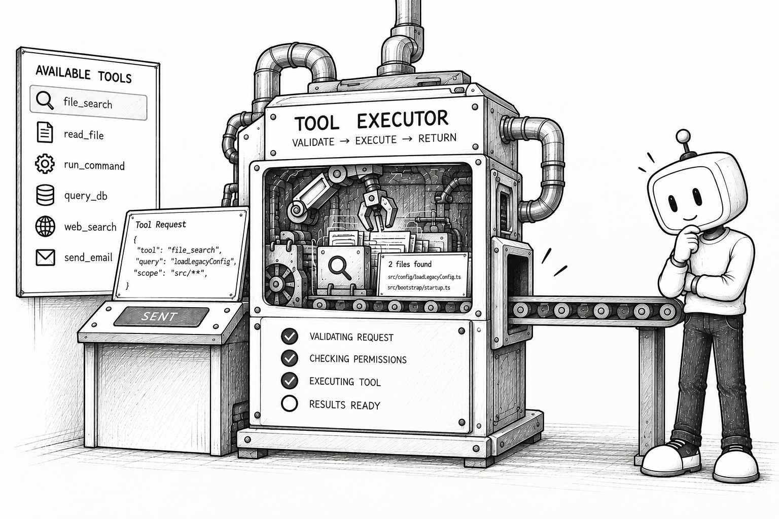 Illustration of the tool calling protocol from schema exposure through execution and result reinjection.