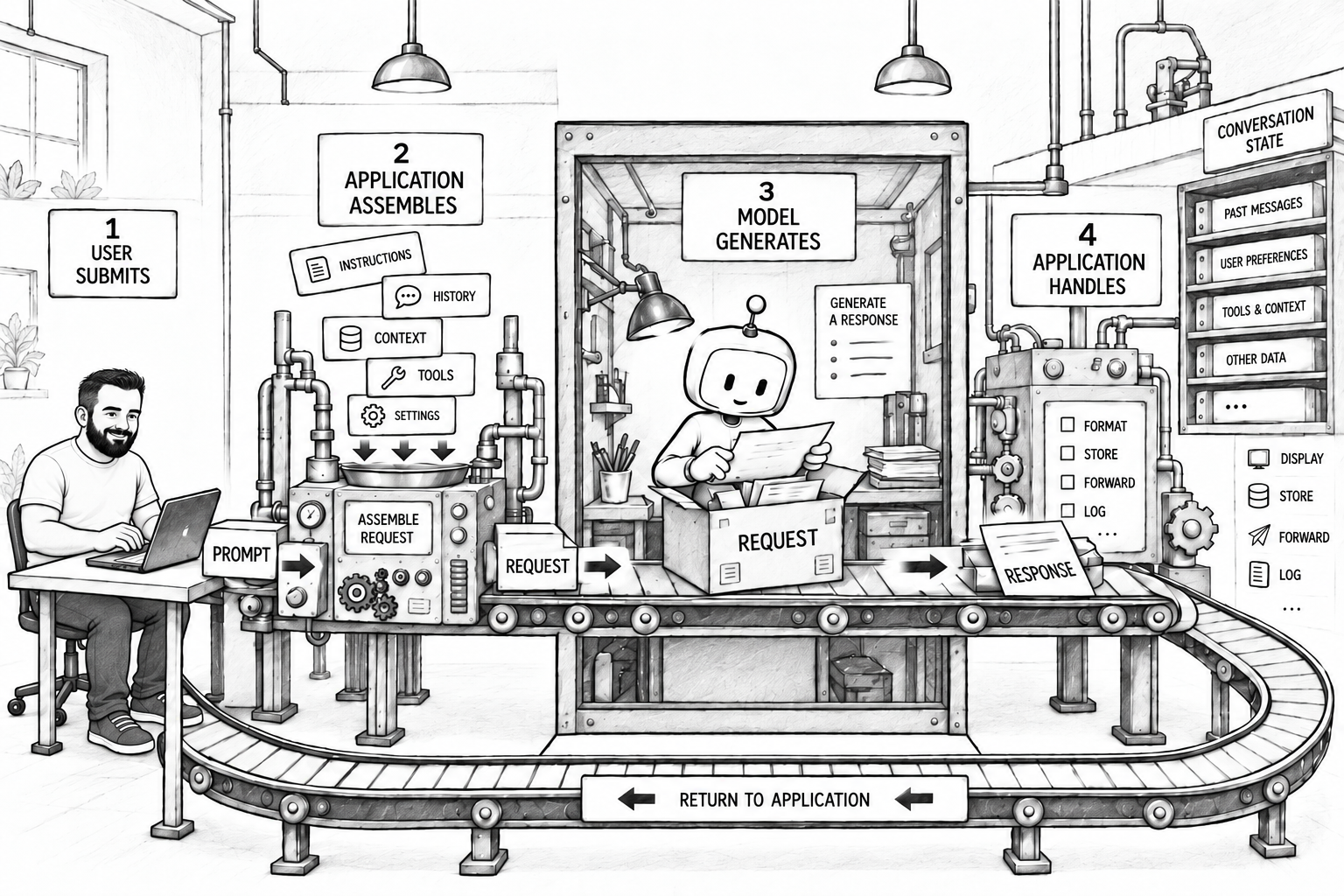 Illustration of an AI chat interaction moving from a user message through application request assembly to a model response.