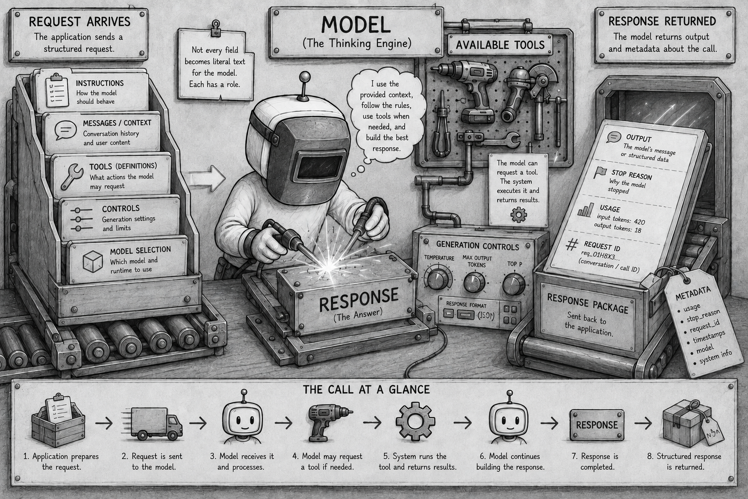 Illustration of the structured request and response parts surrounding a model call.