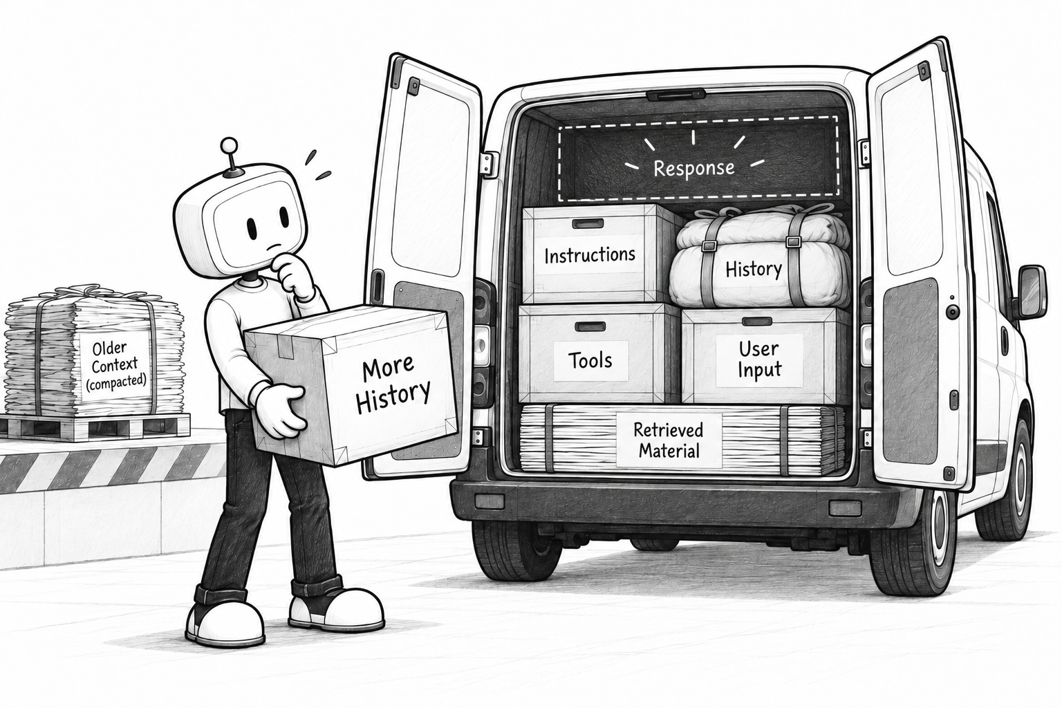 Illustration of a finite context window shared by instructions, history, tools, user input, and output.