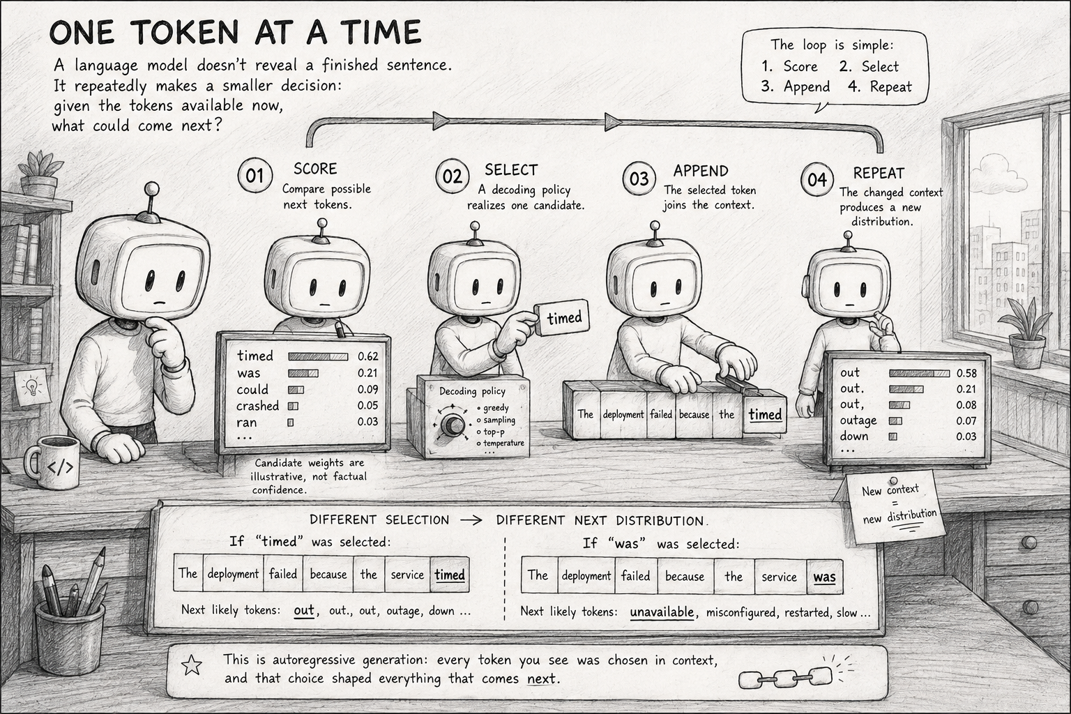 Illustration of a language model predicting the next token from a sequence of candidates.