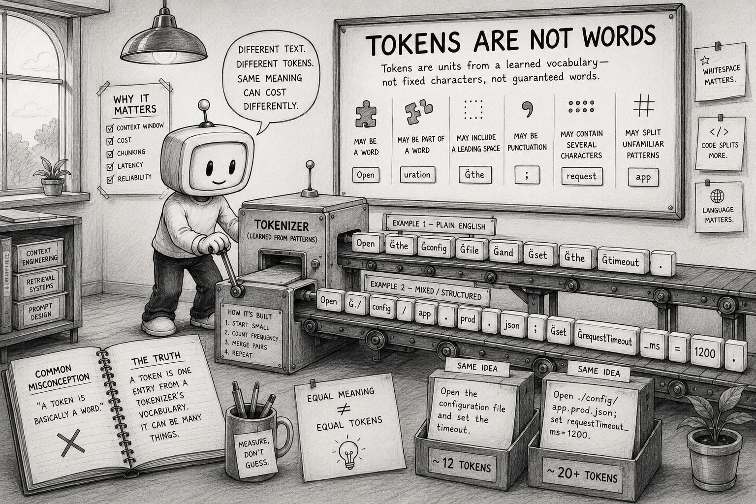 Illustration of text being broken into token fragments rather than whole words.